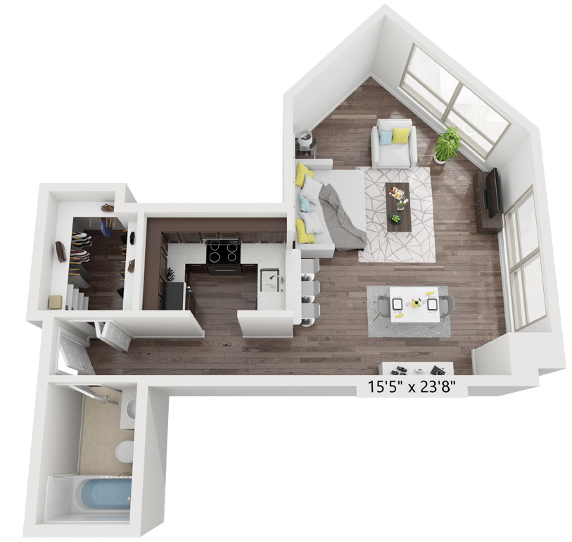 Studio Eleven/Thirteen Floor Plan | 513 Sq. Ft. at Presidential Towers, Chicago, IL, 60661